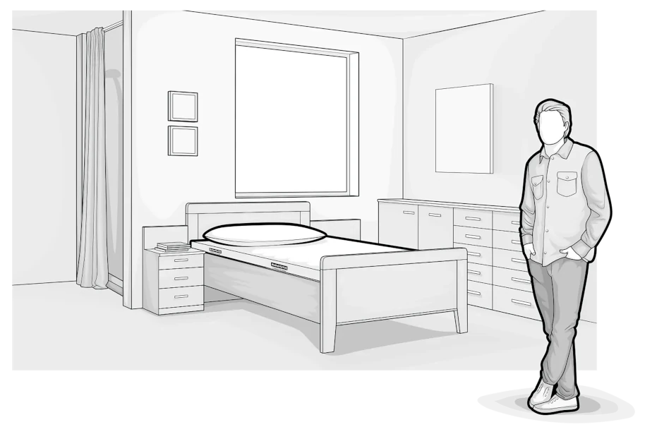 Illustration: Two older people stand in a bedroom with a double bed and a BODYGUARD® mattress and embrace each other.