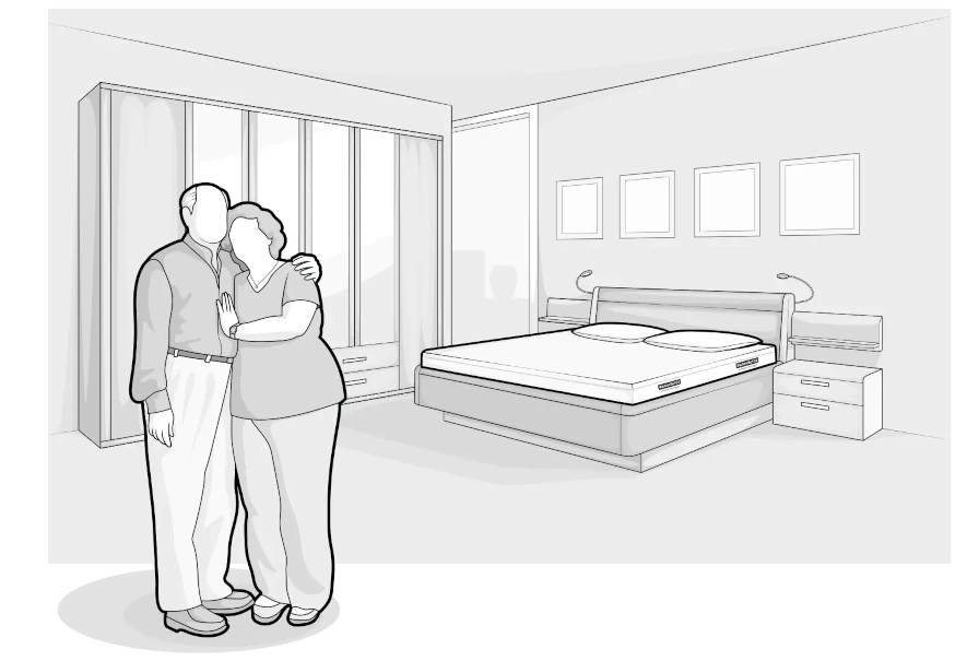 Illustration: A child with a ball under their arm stands in a children's room with a single bed and a BODYGUARD® mattress.