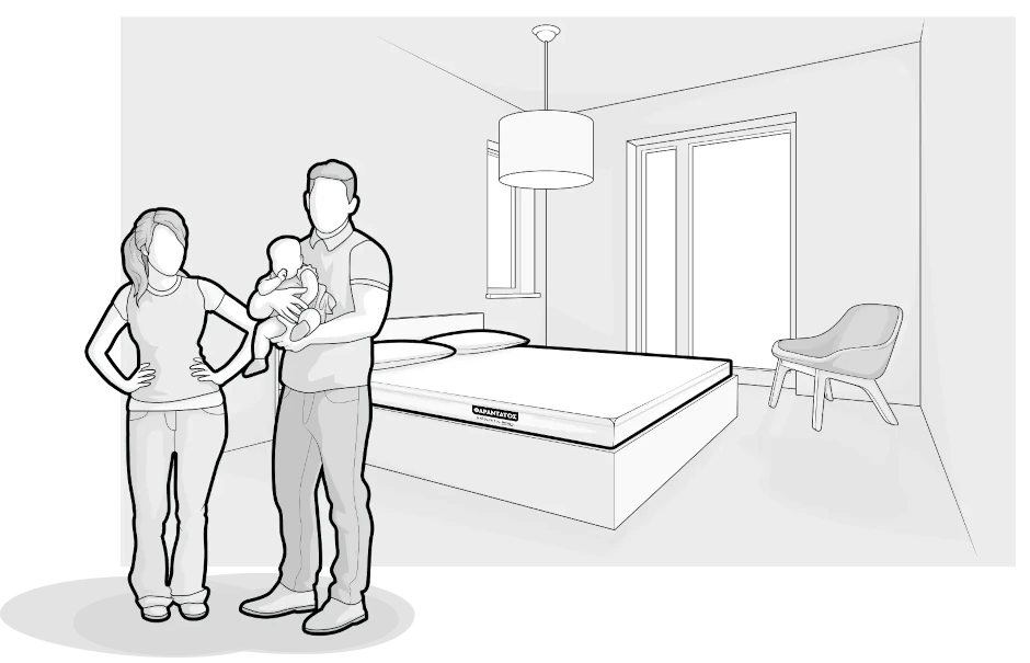 Illustration: Eine jugendlich gekleidete Person steht in einem Schlafzimmer mit Einzelbett samt BODYGUARD® Matratze.