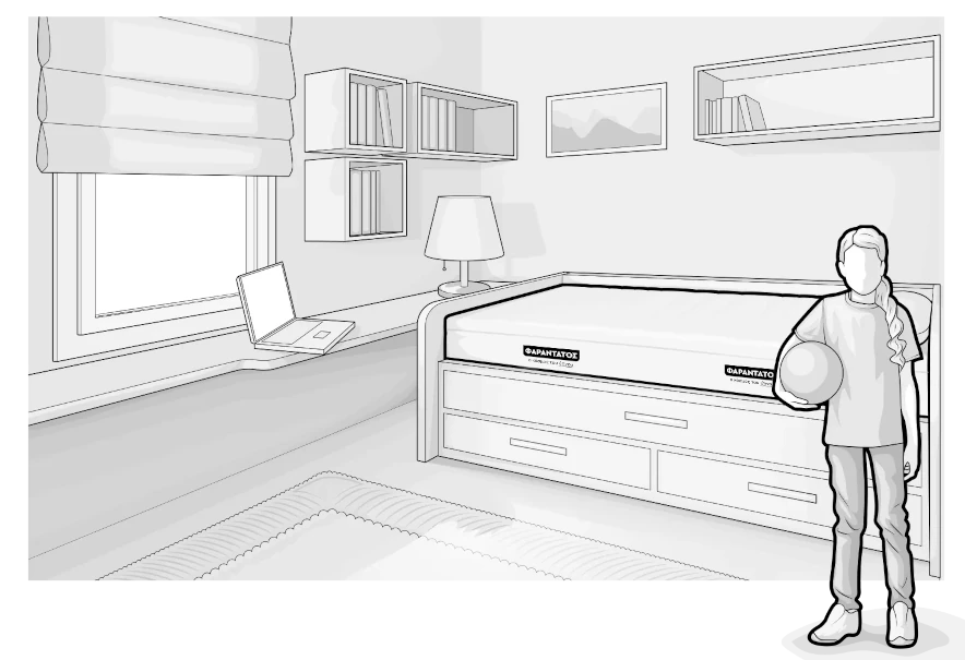 Illustration: Eine Person breiter Statur mit ausgeprägtem Bauch steht in einem Zimmer mit Einzelbett samt BODYGUARD® Matratze.